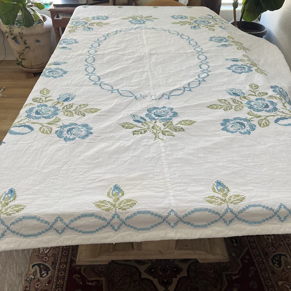 Vintage Handmade Blue Floral Cross-stitch Hand Quilted Bedspread 90"x82" Cottage